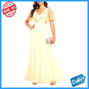 Sequin Tulle Formal Dress V-Neck Empire Waist Long Sleeve Prom Gown